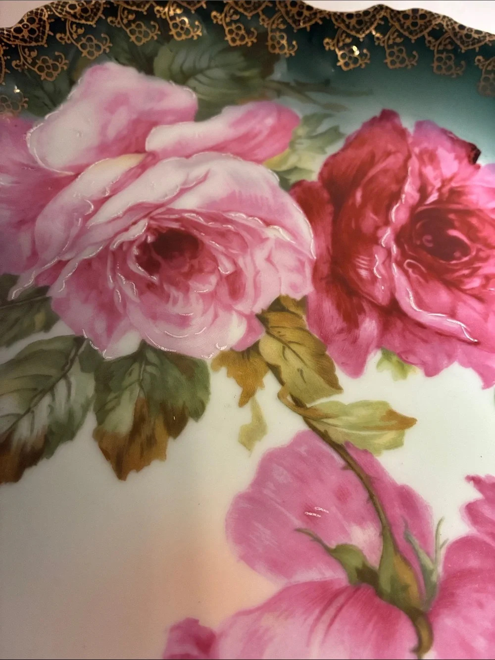 Bavarian Hand-Painted Floral Porcelain Tray & pitcher - Pink Cabbage Roses